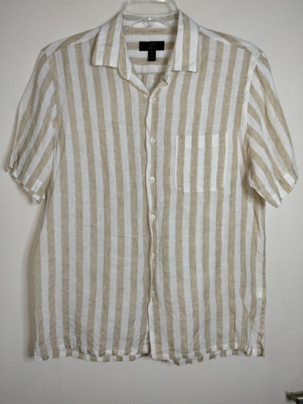 Club Room - M- Linen Beige White Vertical Stripe Short-Sleeve Button-Down Shirt